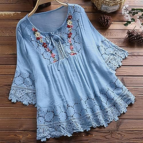 Women Vintage Lace Patchwork Bow V Neck Three Quarter Blouses Top T Shirt Tops for