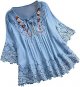 Women Vintage Lace Patchwork Bow V Neck Three Quarter Blouses Top T Shirt Tops for
