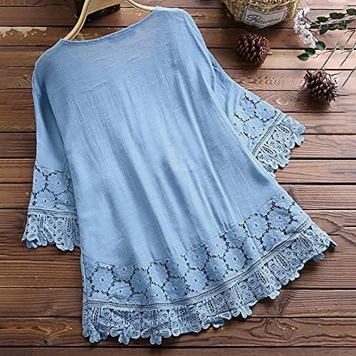 Women Vintage Lace Patchwork Bow V Neck Three Quarter Blouses Top T Shirt Tops for