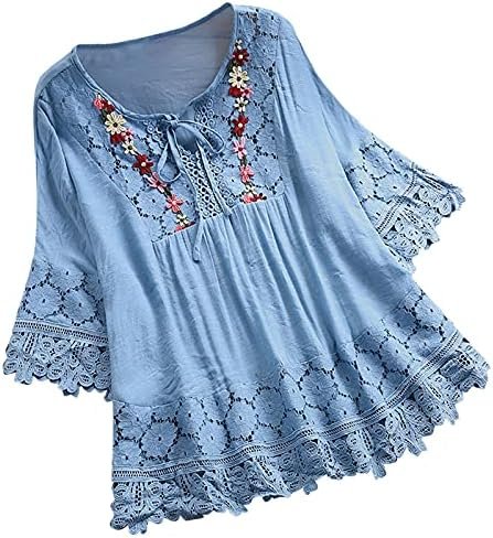 Women Vintage Lace Patchwork Bow V Neck Three Quarter Blouses Top T Shirt Tops for